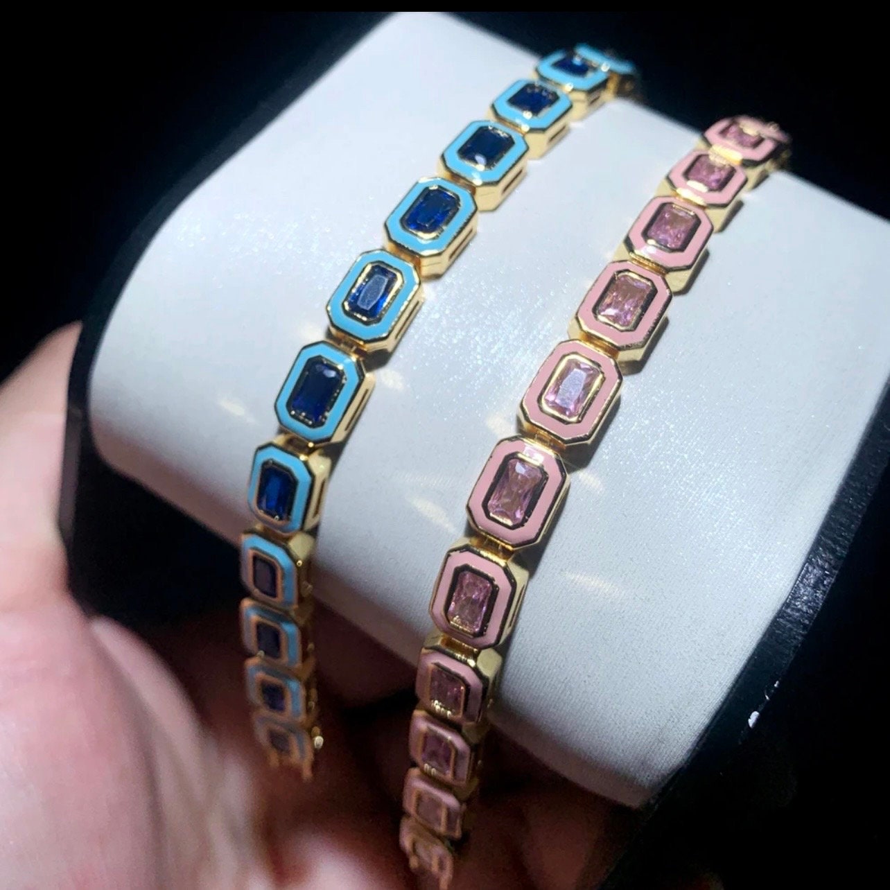 Tennis bracelet Blue or Pink/5A CZ stones/Emamel matching color/Your go to bracelets!