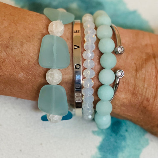 Sea salt green sea glass bracelet stack